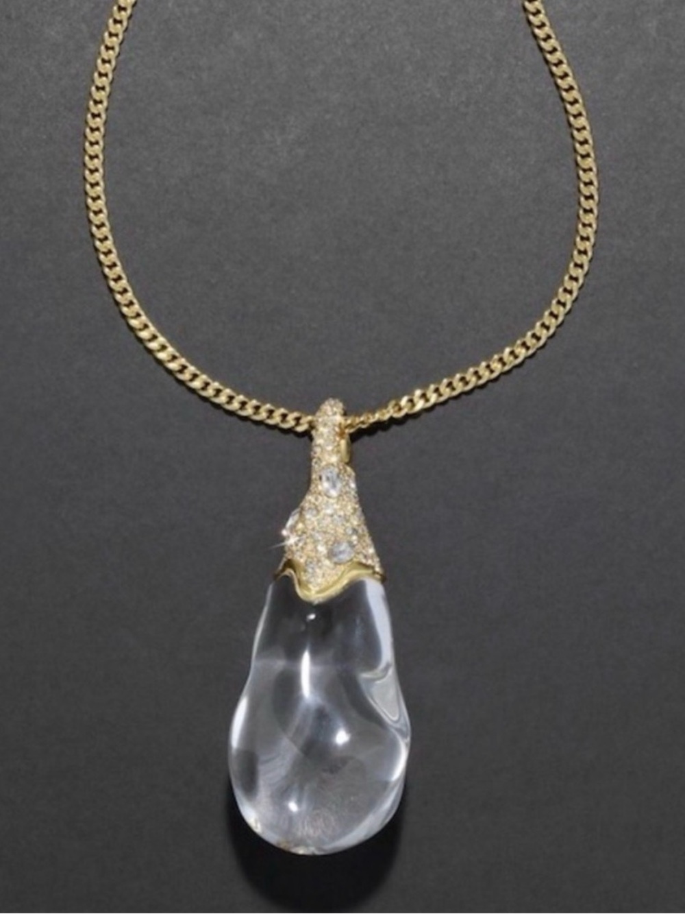 Liquid Lucite Crystal Pavé Teardrop Necklace Gold Clear NEW Alexis Bittar JL15